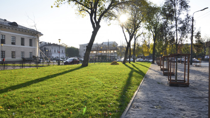 Газон для відпочинку в тіні великих ясенів / Відновлення скверу №3 на Контрактовій площі