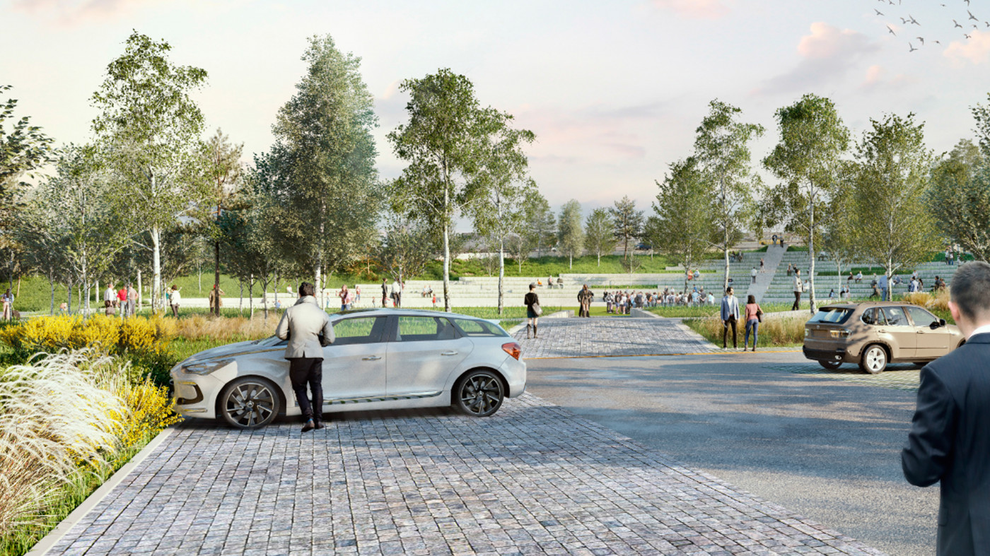 Візуалізація паркінгу © 'In Situ' atelier de paysages et d'urbanisme Візуалізація паркінгу © 'In Situ' atelier de paysages et d'urbanisme / Внутрішній двір офісу 'Roshen'