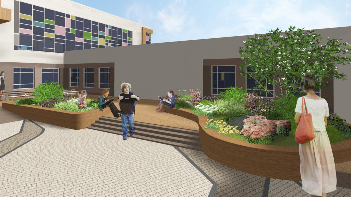 Зона відпочинку зі столиками відокремлена від площі багаторічниками / Новопечерська школа - фото №7 Зона відпочинку зі столиками відокремлена від площі багаторічниками / Новопечерська школа