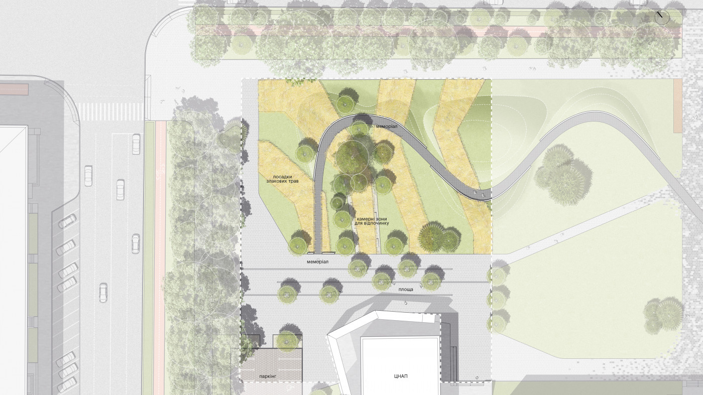 Площа перед ЦНАП формує сучасний простір, що межує з затишними місцями для відпочинку серед злакових трав Площа перед ЦНАП формує сучасний простір, що межує з затишними місцями для відпочинку серед злакових трав / 'Територія Майдану' — площа перед будівлею Полтавської ОДА