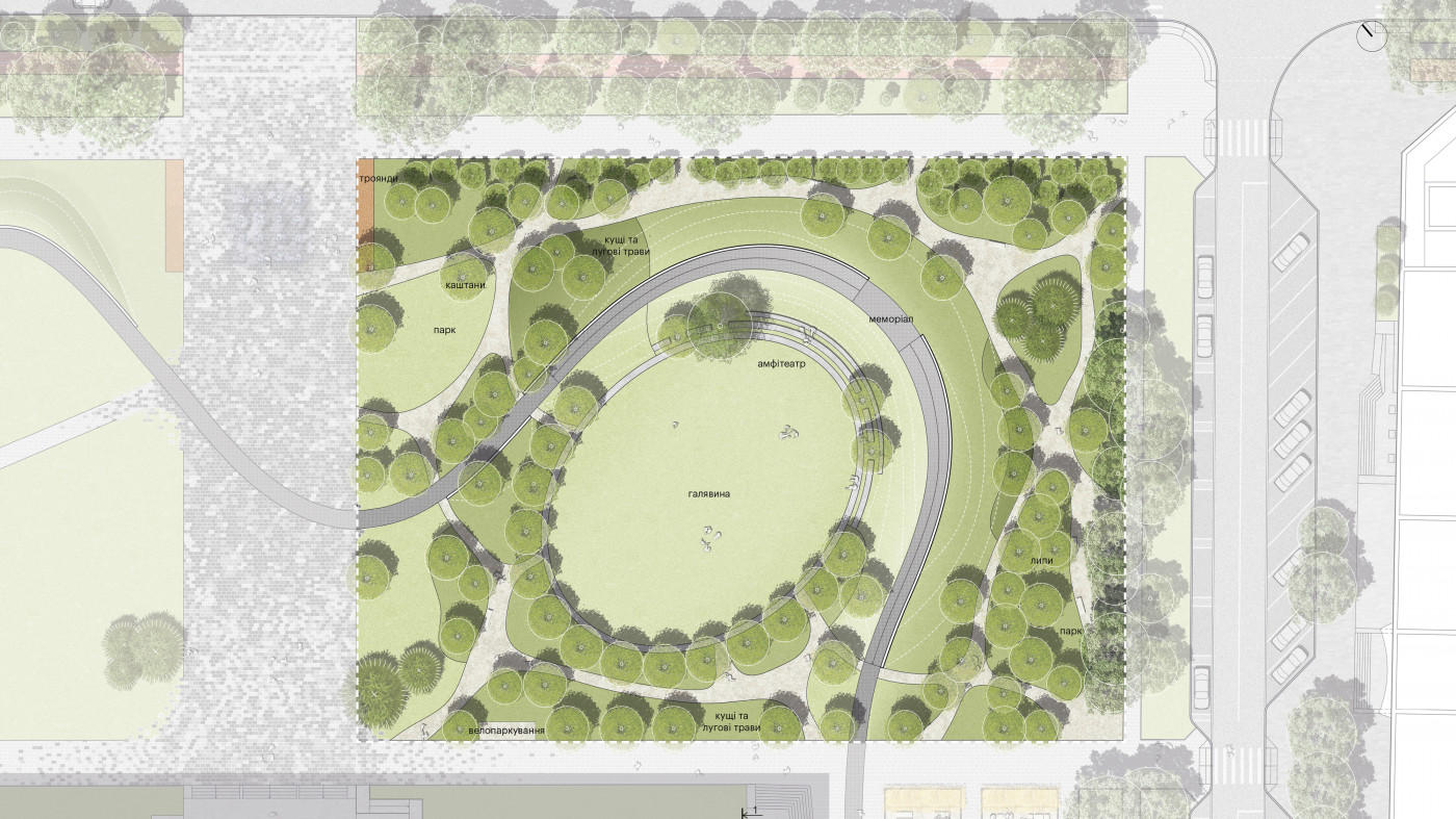 Парк з амфітеатром та прогулянковими доріжками Парк з амфітеатром та прогулянковими доріжками / 'Територія Майдану' — площа перед будівлею Полтавської ОДА