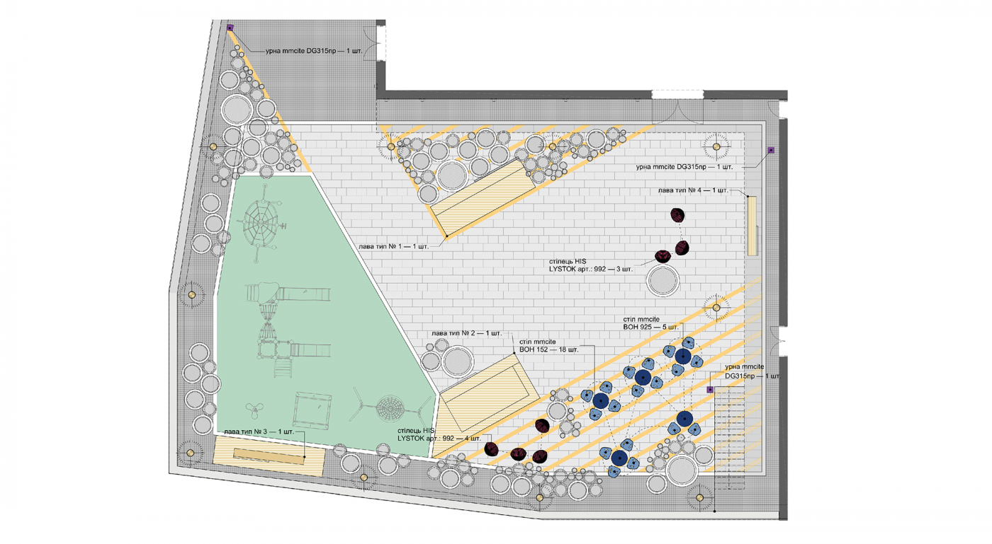 Схема розташування вуличних меблів Схема розташування вуличних меблів / Внутрішнє подвір'я ЖК  'CHICAGO Central House '