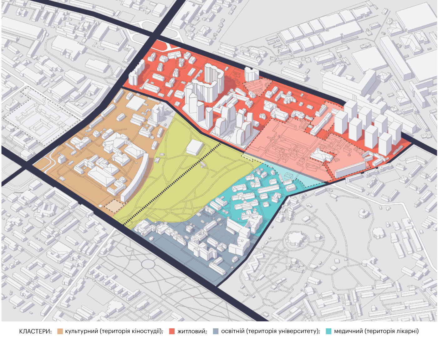 Визначаємо характер забудови в кварталі та виокремлюємо основні кластери Визначаємо характер забудови в кварталі та виокремлюємо основні кластери / Концепція розвитку вулиці Молдовської
