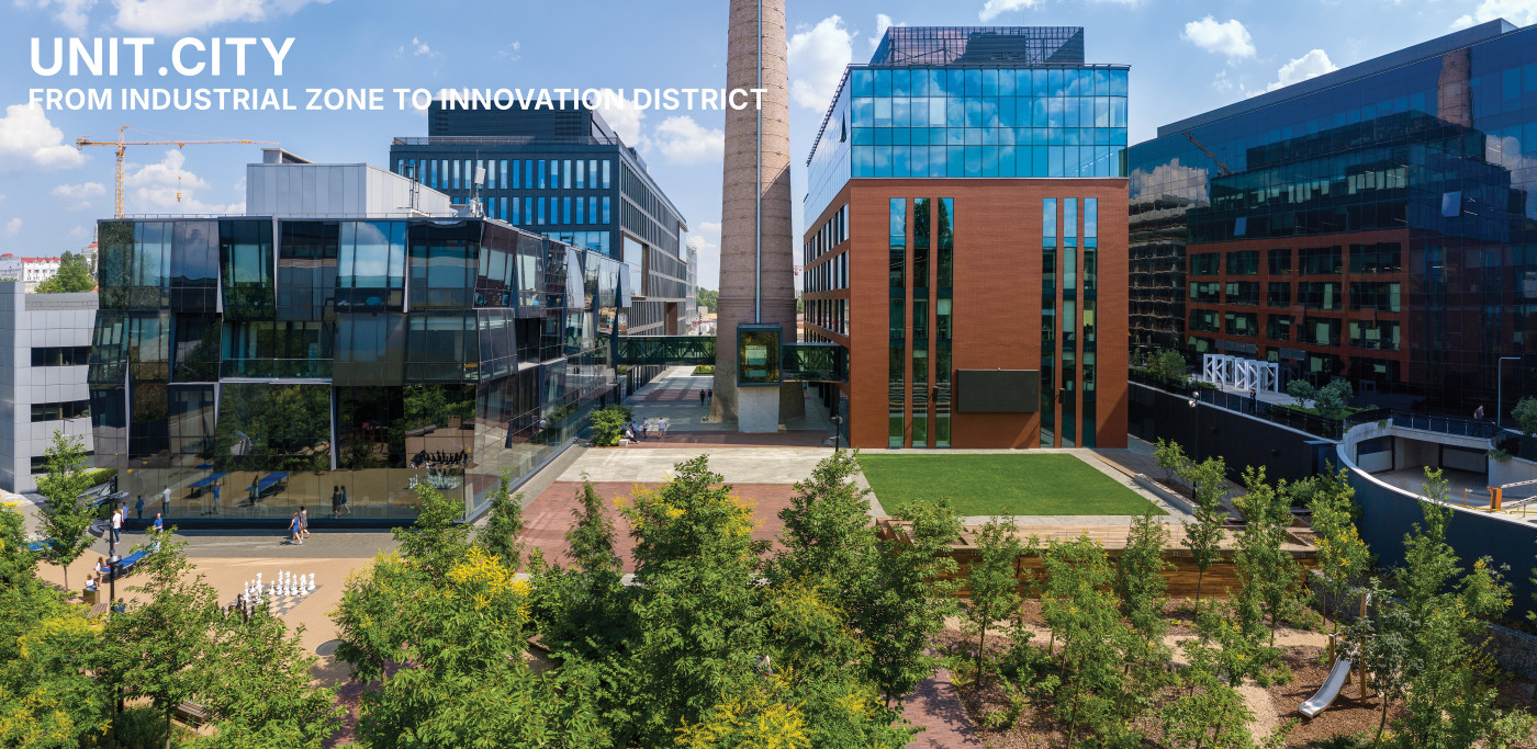 A future-oriented city born on a former factory site, where landscape-led regeneration establishes an open urban campus for education, work, and public life. A future-oriented city born on a former factory site, where landscape-led regeneration establishes an open urban campus for education, work, and public life. / UNIT.City Innovation park
