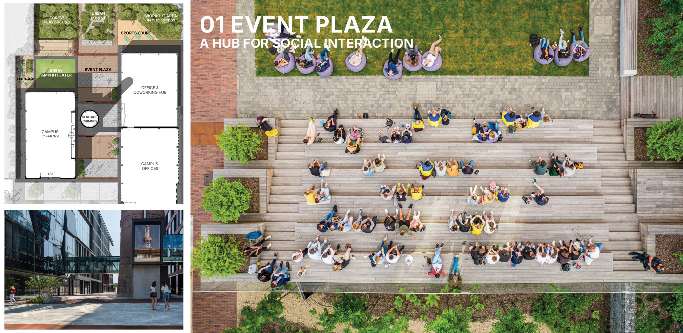 An event plaza that adapts daily, transforming from a vibrant civic hub into a stage for cultural and community events. An event plaza that adapts daily, transforming from a vibrant civic hub into a stage for cultural and community events. / UNIT.City Innovation park