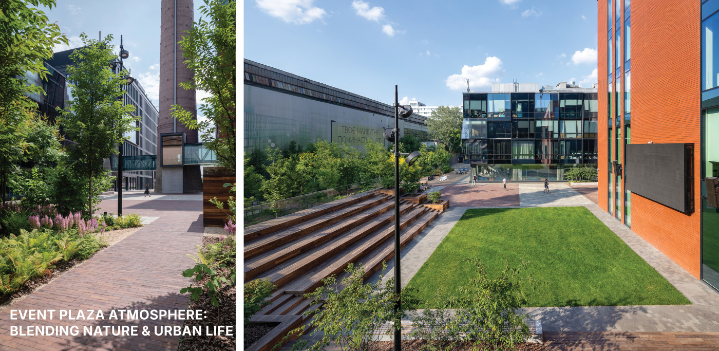 Creating a balanced atmosphere for work and interaction, where multi-level seating, greenery, and open-air lounges offer comfort for leisure and collaboration. Creating a balanced atmosphere for work and interaction, where multi-level seating, greenery, and open-air lounges offer comfort for leisure and collaboration. / UNIT.City Innovation park