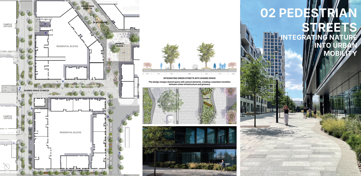 Prioritizing people and nature with shared streets, cycling lanes, and green infrastructure that establish a safe and inclusive urban experience. Prioritizing people and nature with shared streets, cycling lanes, and green infrastructure that establish a safe and inclusive urban experience. / UNIT.City Innovation park