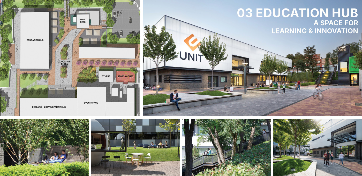 An open educational hub where schools, research centers, and open learning spaces foster a collaborative ecosystem for innovation. An open educational hub where schools, research centers, and open learning spaces foster a collaborative ecosystem for innovation. / UNIT.City Innovation park