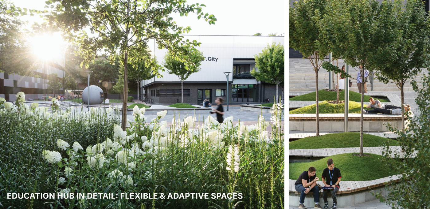 A landscape that supports learning by extending education into nature through outdoor classrooms and informal gathering spaces. A landscape that supports learning by extending education into nature through outdoor classrooms and informal gathering spaces. / UNIT.City Innovation park