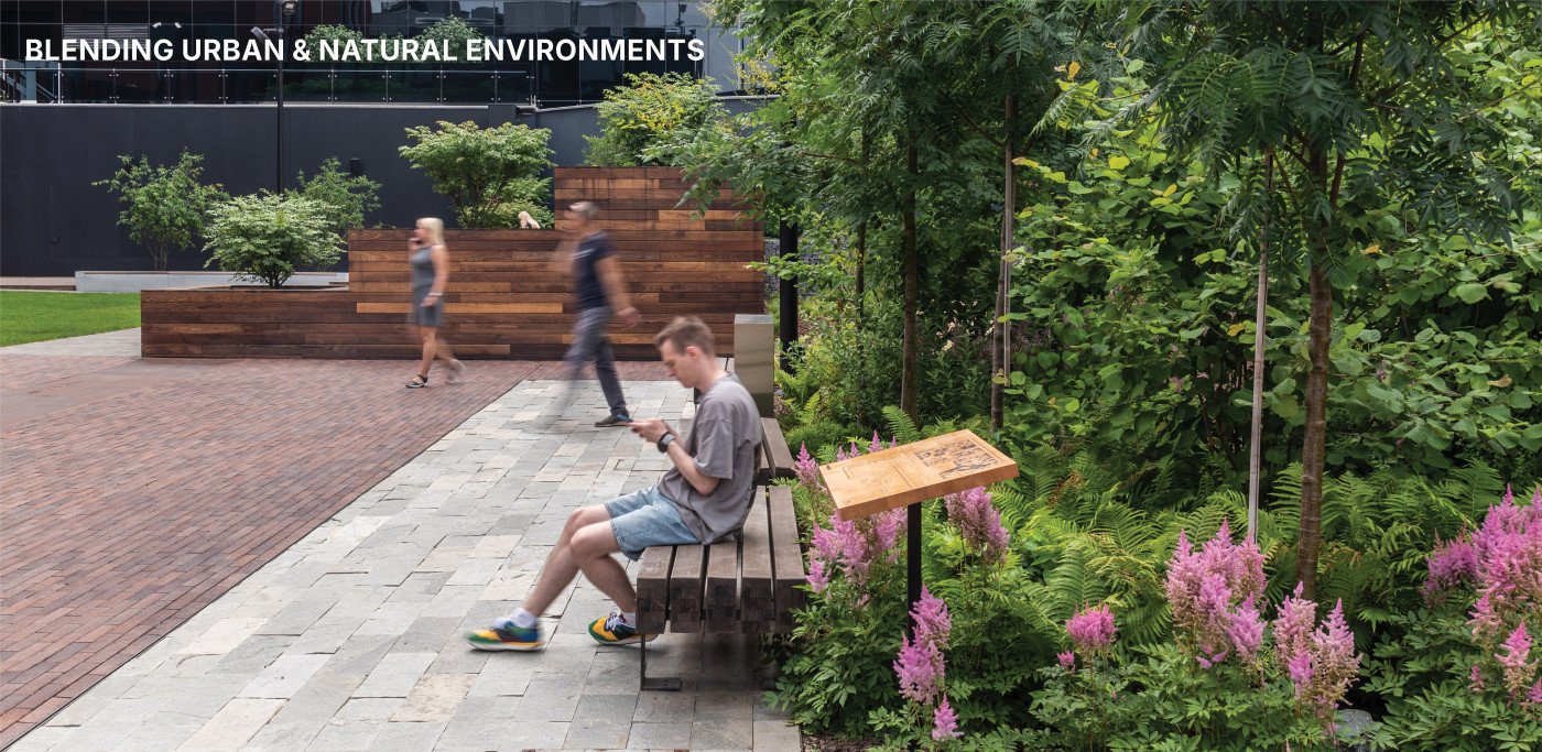 Weaving nature into the urban environment, with trees, gardens, and shaded retreats embedding ecology into the district's everyday life. Weaving nature into the urban environment, with trees, gardens, and shaded retreats embedding ecology into the district's everyday life. / UNIT.City Innovation park