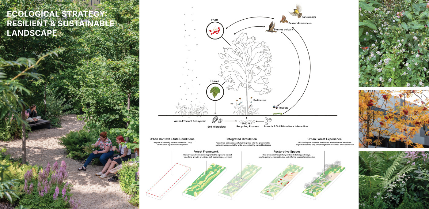Designing for resilience with a mosaic of natural environments, where meadows and rain gardens enhance biodiversity and regulate the microclimate. Designing for resilience with a mosaic of natural environments, where meadows and rain gardens enhance biodiversity and regulate the microclimate. / UNIT.City Innovation park