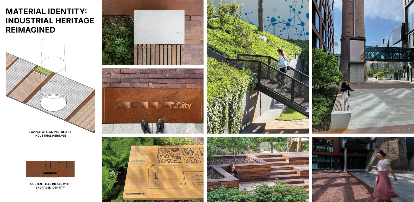 Reimagining industrial aesthetics by using corten steel, concrete, and wood to reinterpret the site’s heritage in a modern key. Reimagining industrial aesthetics by using corten steel, concrete, and wood to reinterpret the site’s heritage in a modern key. / UNIT.City Innovation park